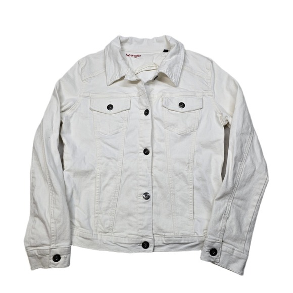 Wrangler Denim Jacket Womens Large White Jean Button Front Casual‎ Western - Picture 1 of 12